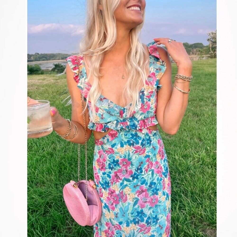 Show Me Your MuMu Floral Midi Dress in Blue, Pink, Green - Picture 2 of 9